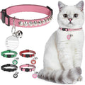 Leather Personalized Breakaway Cat Collar with Studded Bell and Safety Quick Release Buckle - Rivets Studded ID DIY Collars for Boy Girl Cats Kittens, 9" - 11.5" Pink