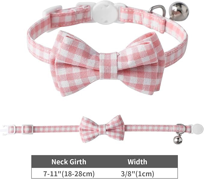 AIITLE Breakaway Cat Collar with Cute Bow Tie and Bell, Detachable Adjustable Safety Collars for Girl Cats and Boy Cats, Kittens, Puppy, Soft Stylish Plaid Patterns Cat Collars,Pink