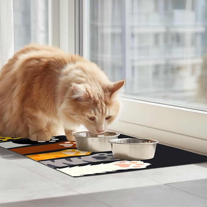 Cute Animal Paw Pet Food Mat Non Slip Spill Proof Feeding Pad for Cats Kittens Small Dogs Food and Water Bowl Mat Easy Clean Fast Dry Placemat for Pet Feeding Area Kitchen Decor 20" x 12"