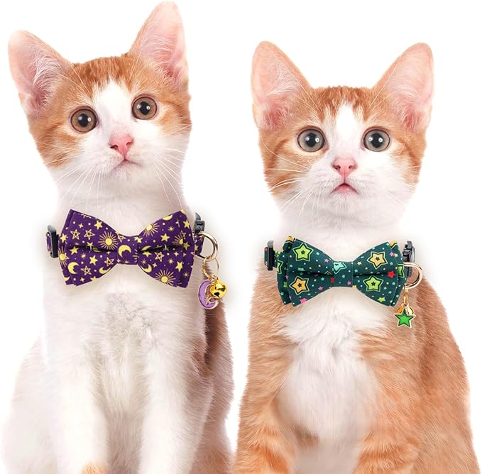 2 Pack Cotton Cat Collar with Bow Tie and Bell for Girl Boy Cats,Cute Pink Flamingo and Blue Whale Pattern Spring Summer Breakaway Cat Collar for Male Female Cats (Star&Moon)
