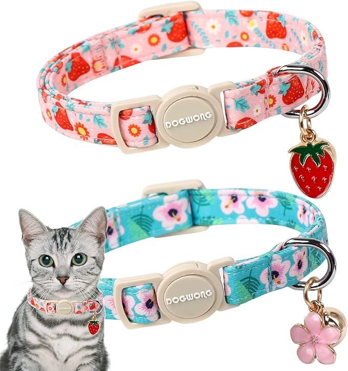 Cat Collar,2 Pack Pink Flower Cat Collars Breakaway with Bell, DOGWONG Safety Buckle Pink Flower Cat Collar for Girl Female Cats，Adjustable 7-12 Inch