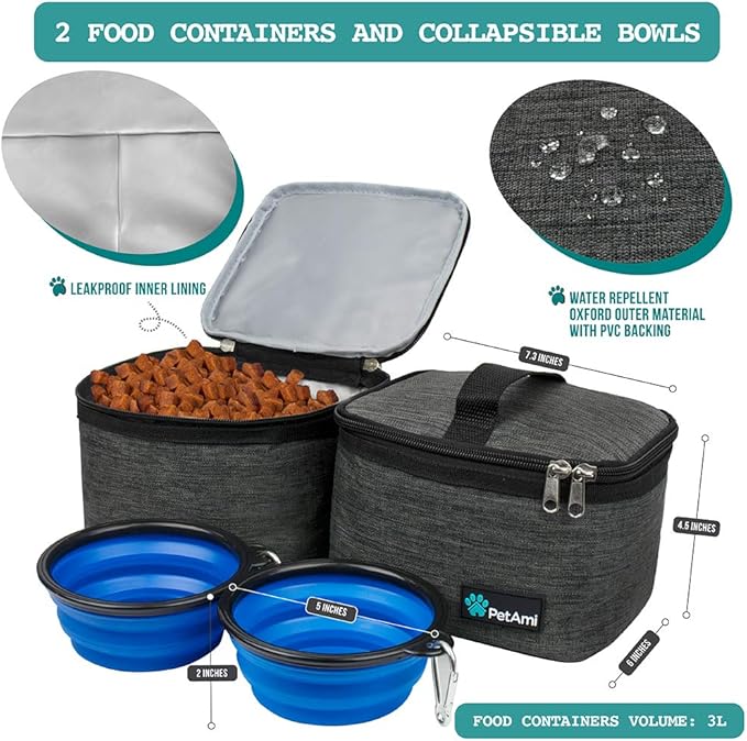 PetAmi Dog Travel Organizer with Food Container and Bowls, Weekend Camping Accessories - Charcoal, Medium