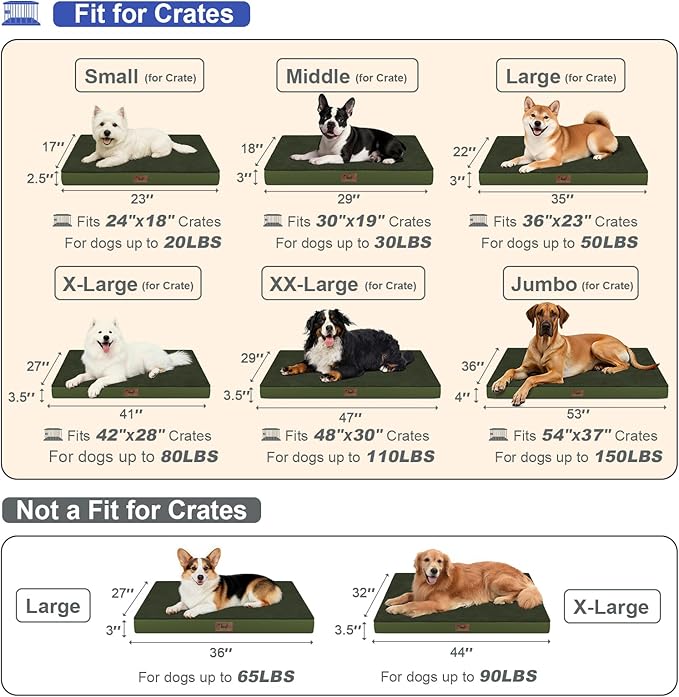 Orthopedic Dog Crate Bed for Extra Large Dogs, XXL Waterproof Comfort Pet Bed with Egg Crate Foam 47x29 Inch, Removable Oxford Cover, Olive Green