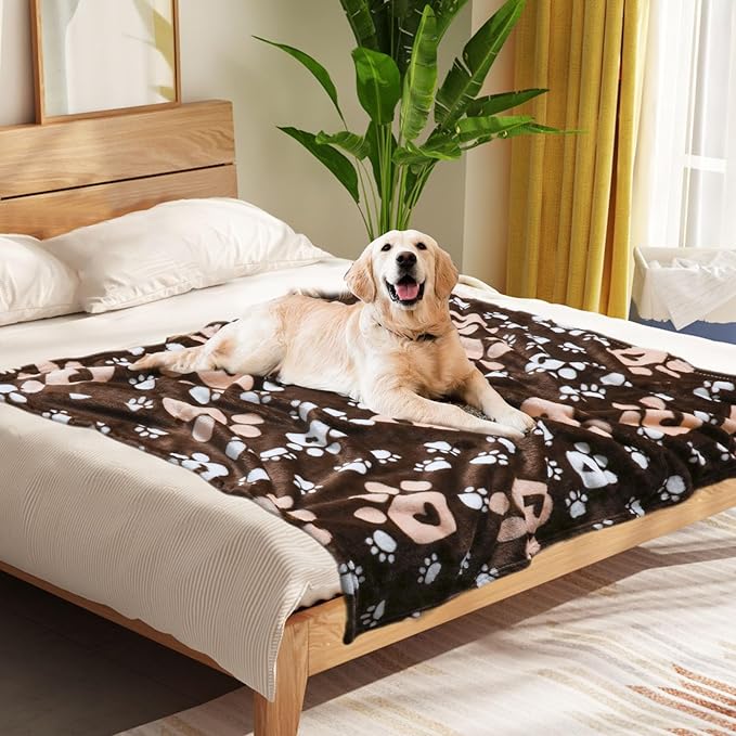 Dog Blanket, Soft Fleece Dog Blankets for Medium Large Dogs, Fluffy Flannel Pet Cat Puppy Blanket Cover for Bed Couch, Cute Paw Print Throw Blanket for Dogs, Brown, 60"X50"