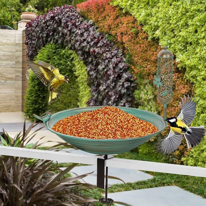 DREAMSOUL 13 Inches Deck Bird Bath, Metal Bird Bath Bowl Unheated with Clamp Detachable, Bird Baths for Outdoors Railing Balcony Garden Decor