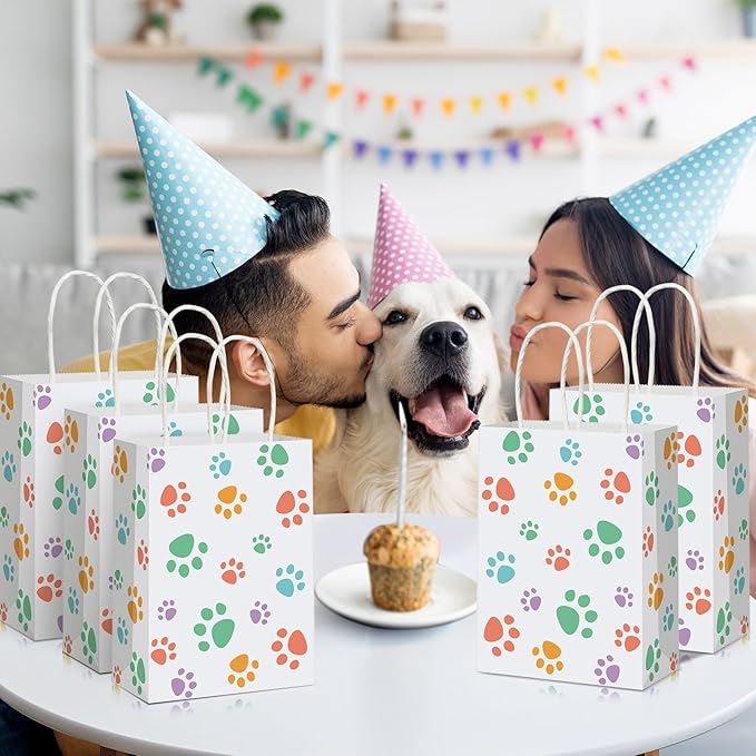 Blulu 20 Pcs Spring Puppy Dog Paw Gift Bags with Handles, Dog Paper Treat Goodie Bags for Animal Pet Party Favors, 6.3 x 3.1 x 8.6 Inch