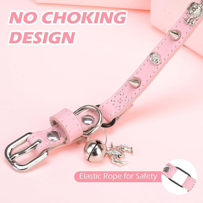 EXPAWLORER Cat Collar for Girl Boy Cats- Adjustable Leather Pet Collar with Safety Elastic Belt,Personalized Punk Accessories Buckle Collars with Bell & Durable D-Ring,Skull & Rivet（Pink）