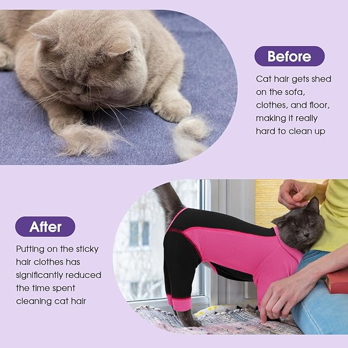 SUNFURA Hair Sticky Cat Clothes, Cat Sweater for Cats Only, 4-Legged Fleece Sweaters Kitten Pajamas Reduce Shedding Fur, Warm Pullover Shirts for Cats, Pink XL