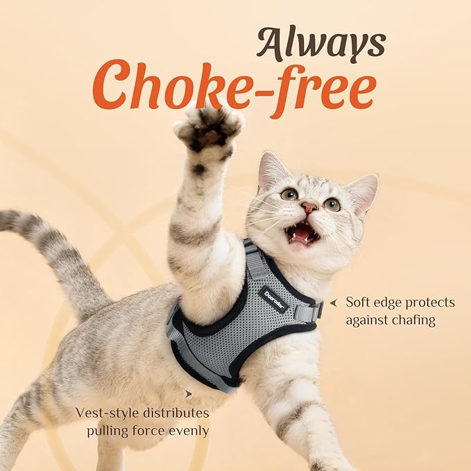 Dooradar Cat Harness and Leash Set, Escape Proof Safe Adjustable Kitten Vest Harnesses for Walking, Easy Control Soft Breathable Mesh Jacket with Reflective Strips for Cats, Grey, XXS