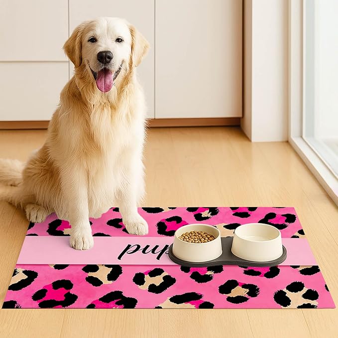 Puppy Feeding Mat 24x16 inch Hot Pink Leopard Print Pet Bowl Placemat Non Slip Floor Mat for Food and Water Indoor Dog Feeding Station Cute Meal Pad for Small Pets Kitchen Use