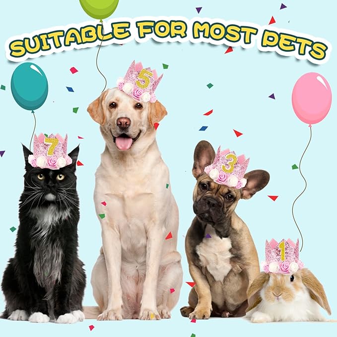 Pet Crown Dog Birthday Hat Reusable Birthday Party Crown Girl Cat Doggie Headband Hats with 0-9 Figures Charms Gift Grooming Accessories with Glue Dots Pack of 1(Pink)