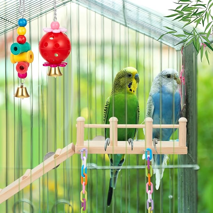 12 Pcs Parakeet Cockatiel Bird Toys, Bird Toys for Parakeets, Cockatiel Cage Accessories, Perches Parrot Ladders for Hanging Swinging Standing Chewing Climbing Training (Basic Style)
