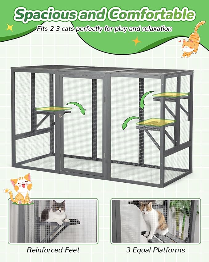 Catio Outdoor Cat Enclosure,71" L Outside Cat House Weatherproof, Wooden Large Catios for Cats Patio, Cat Houses with 3 Platforms,Grey
