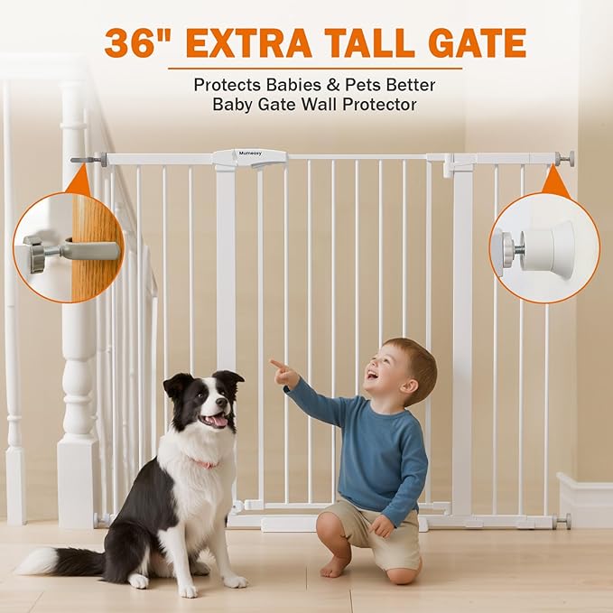 Mumeasy 36" Extra Tall Baby Gate for Stairs, 29.7-51" Wide Dog Gates Indoor for Doorways with Easy Walk Thru, Auto Close Pet Safety Gate for House, Pressure Mounted Metal Child Gate with Door, White