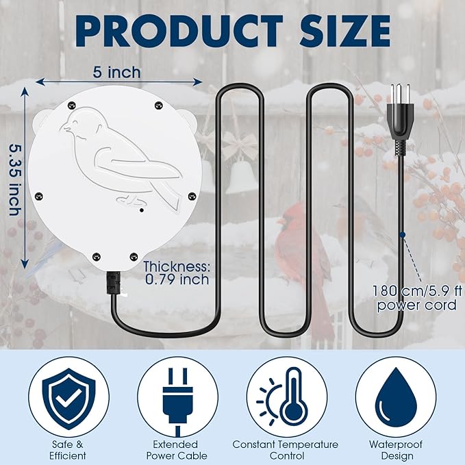Outdoors 100W Bird Bath Heater for Winter,Birdbath Deicer Pond De-icer Thermostatically Controlled Birdbaths Water Heater with 5.9 Ft Power Cord and Working Indicator Light (White)