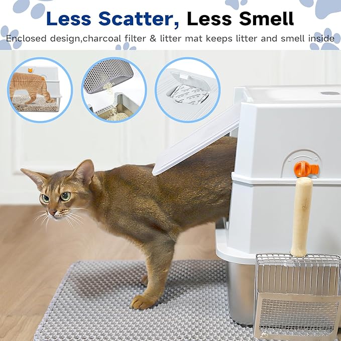 TENTIZON Stainless Steel Cat Litter Box with Lid, Large Covered Enclosed Kitty Litterbox with Hood, Flip Top, High Side, Litter Mat, Scoop for Big Cats, Kitten, No Odor, No Mess, Easy Clean