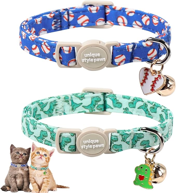 Unique Style Paws Baseball Kitten Collars,Cute Blue Cats Collar with Bell,Kitten Collar Breakaway Buckle with Heart Pattern,Adjustable Cat Collars,Ideal Gift for Boy Girl Cats