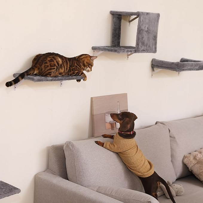 FUKUMARU Cat Wall Shelves, Stable & Safe 4 in 1 Cat Wall Mounted Furniture Set, Wooden Climbing Tree with Scratching Post for 16 Inch Drywall - Gray