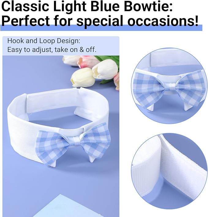 Segarty Dog Bow Tie for Neck Girth 12.6-15.7in, Adjustable Light Blue Plaid Bowtie Collar, Large Pet Necktie Tuxedo Comfortable Cotton Boy Pets Grooming Accessory Formal Wedding Holiday Birthday Party