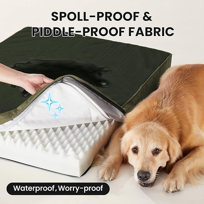 OhGeni Orthopedic Waterproof Dog Bed for Large Dogs, Machine-Washable Removable Cover in Easy-Clean Fabric, High Density Foam & Easy-Carry Handle, Suitable for Crate, 41 inch (Green)
