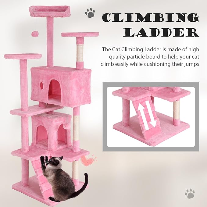Heavy Duty Cat Tree Tower, 70" Tall Cat Tower for Indoor Cats with Cat Scratching Post with Bed, Cat Condo, Hanging Ball, Multi-Level Cat Climbing Tower Cat Trees Furniture Activity Center, Pink
