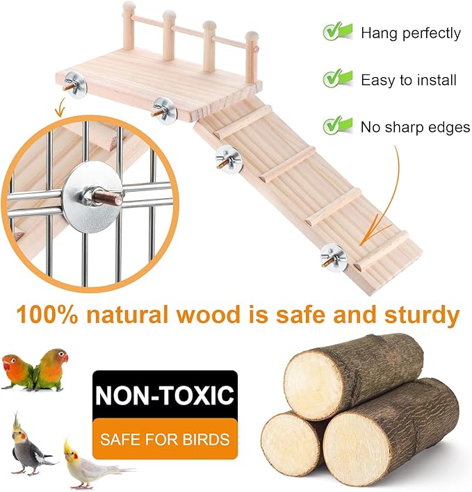 Wooden Bird Habitat Platform with Swing and Ladder - Sturdy Long Tailed Parrot cage Accessory, Suitable for Exercising and Entertaining Bird Games Gym - Perfect for Parrots, Canaries, Sparrows