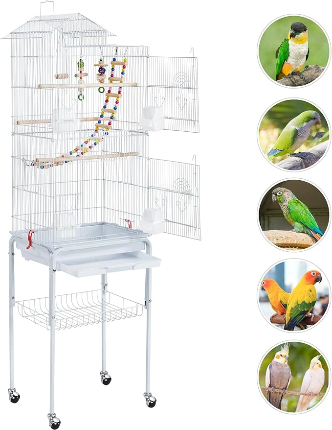 Yaheetech 62.5-inch Roof Top Flight Bird Cage for Parakeets Cockatiels Conures Finches Lovebirds Canaries Budgies Small Parrots, Large Birdcage with Detachable Rolling Stand, White