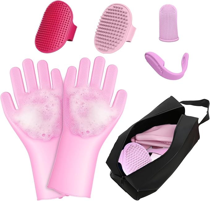 7-Piece Pet Grooming Kit with Storage Bag | Portable Bathing Set for Dogs & Cats | Includes Silicone Gloves, Deshedding Brushes & Finger Toothbrushes | All-in-One Pet Care (Pink)