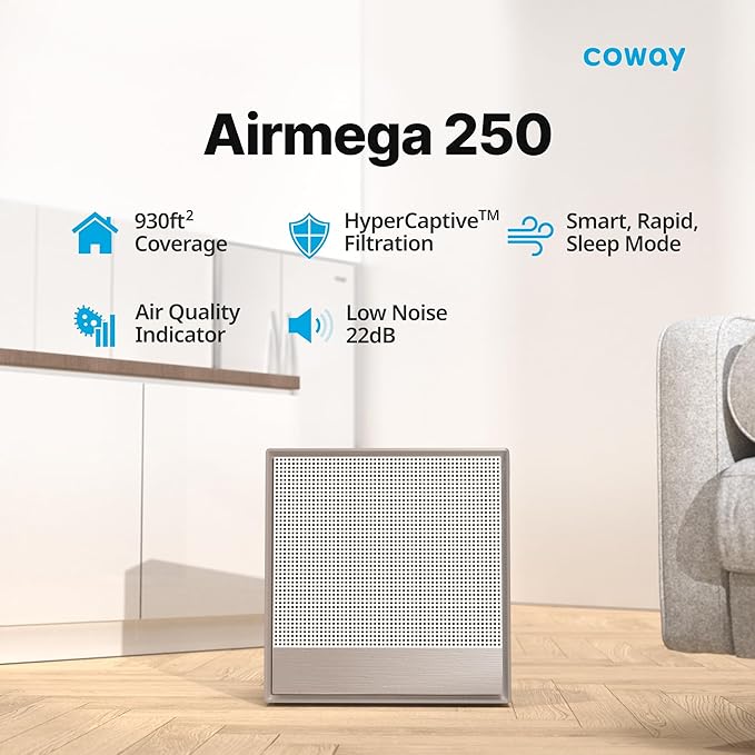 COWAY Air Purifiers for Home Large Room Up to 1,860 ft², Washable Pre-Filter and HEPA Filter for Smoke, Allergies, Pet Dander, Odor, AQI, Smart & Rapid Mode, Timer, 3yr Warranty, Airmega 250