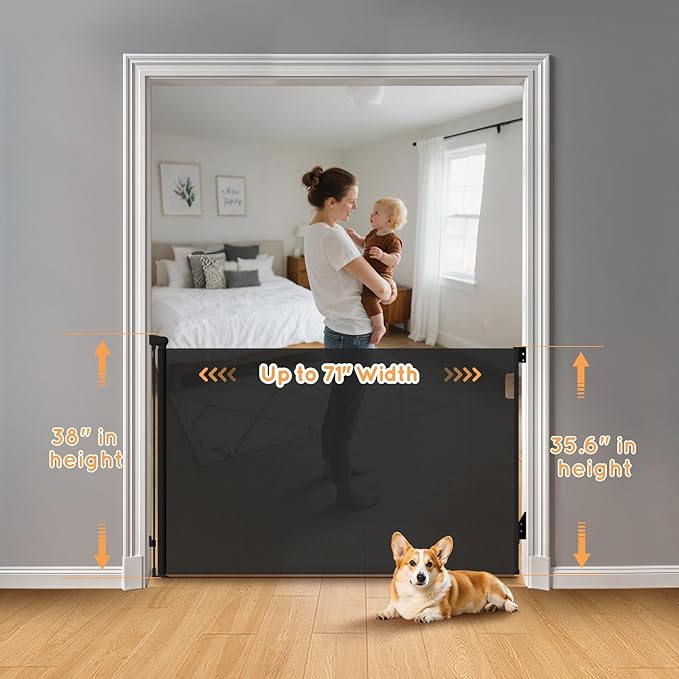 Retractable Baby Gate for Stairs, 71" Wide Mesh Pet Gate, Automatic Tension, One-Hand Operation, 38" Tall Baby Gates for Doorways, Hallways, Deck, Indoor Outdoor, Safe, Easy to Fit, Black
