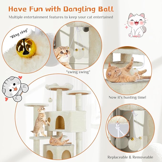 Sweetcrispy 54 Inch Cat Tree Tower, Multi-Level with Cat Scratching Post, Indoor Cat Condo with Climbing Ladder, Plush Toy, Play House for Cat, Beige