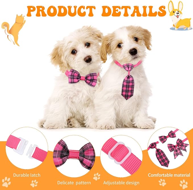 Reginary 100 Pieces Dog Bow Tie Collar Set Include 40 Dog Neckties, and 30 Puppy Bowties, 30 Collar Flowers, Adjustable Pet Ties Grooming for Small Medium Cats Pets Supply(Plaid)