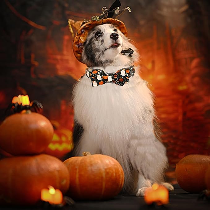 Halloween Dog Collar, Ghost Print Adjustable Pet Collar Fall Pumpkin Cute Cotton Soft Collars with Bow Tie Fall Metal Buckle Holiday Puppy Collars Boy&Girl Gift for Medium Dogs