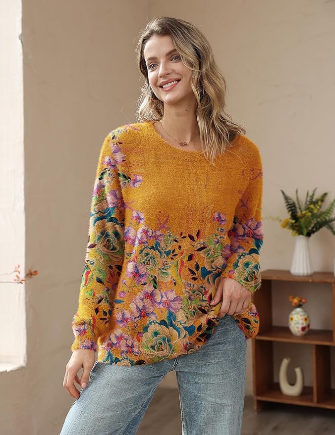 YESNO Women Christmas Sweater Graphic Printed Oversized Pullover Sweaters Casual Loose Knit Tops S01