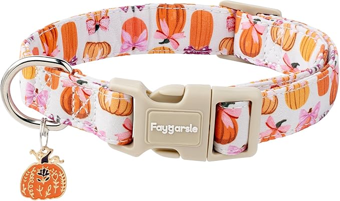 Faygarsle Fall Pumpkin Pattern Dog Collar with Charm, Adjustable Neckwear for Small Medium Large Dogs, Orange and Pink for Small Medium Large Dogs S