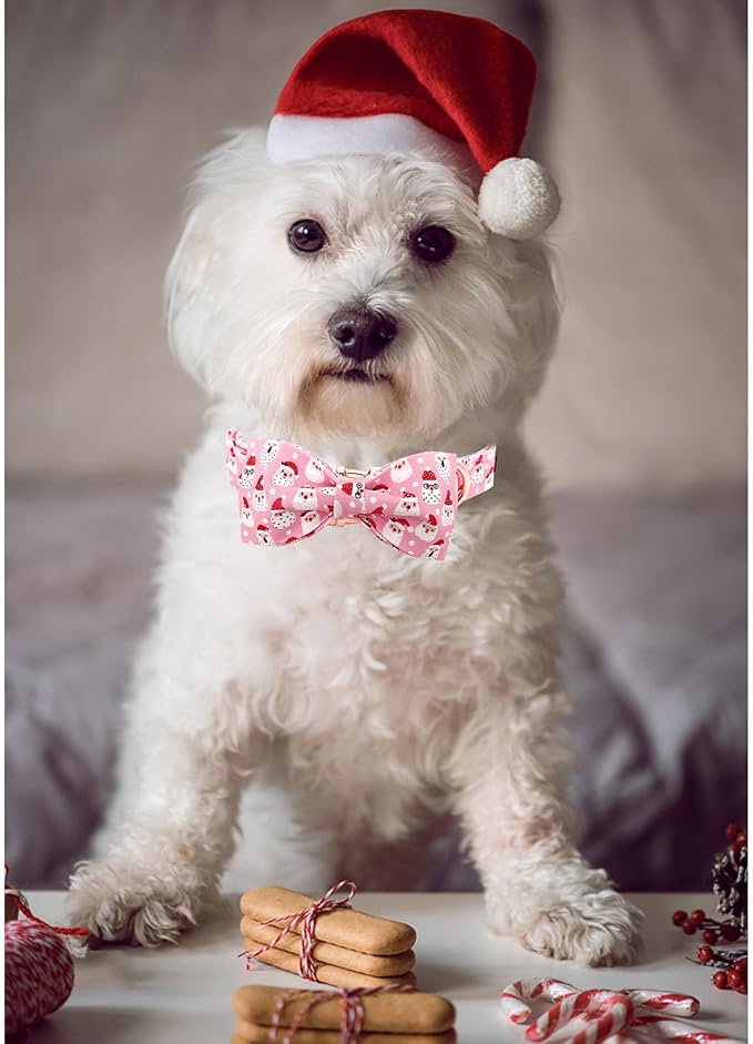 Dog Collar, Christmas Pink Santa Claus Cotton Pet Collar Bow Holiday Girl Boy Cute Puppy Collar Adjustable Pet Collar for Medium Dogs