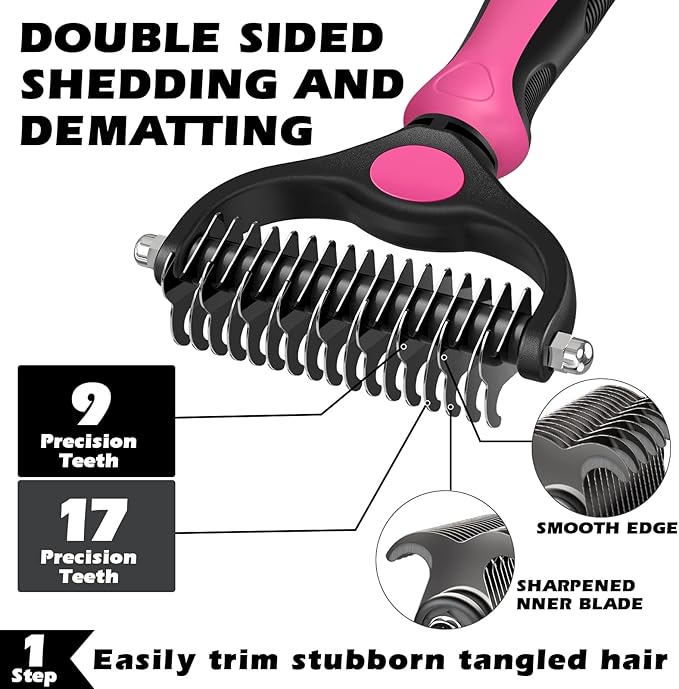 3PCS Self Cleaning Slicker Brush & Pet Grooming Rake & Flea Comb for Dogs,Cats and Horses | Double-Sided Dematting Comb & Skin Friendly Deshedding Grooming Tool (Red Black)