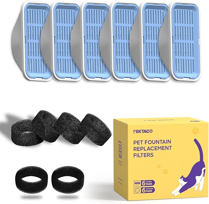 PEKTACO Cat Water Fountain Replacement Filters & Pre-Filter Sponges for 3.2L/108oz Automatic Pet Fountain, Dog Water Dispenser – 6 Pack Filters & 6 Pre-Filter Sponges
