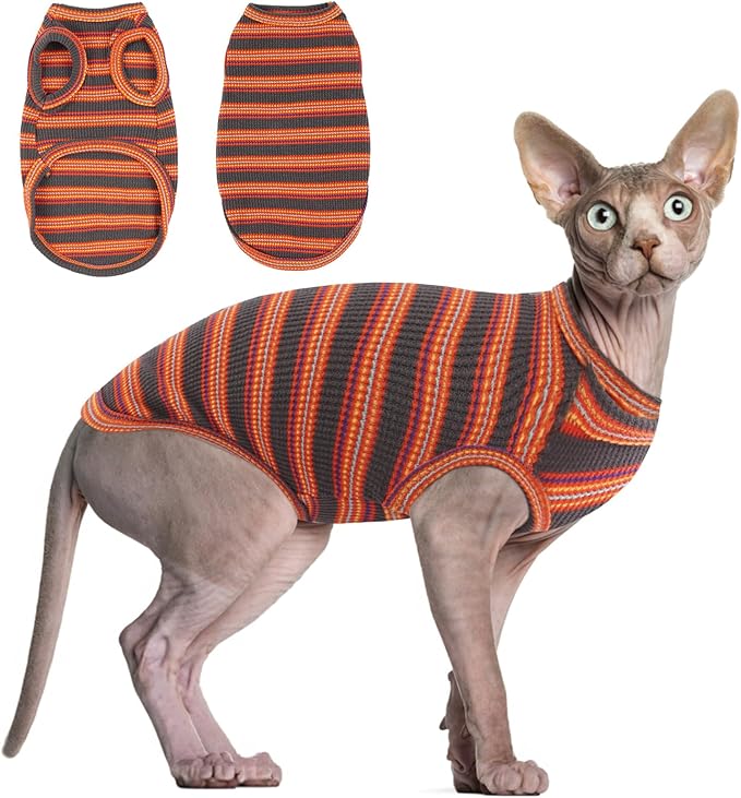BRKURLEG Sphynx Hairless Cats Shirt Puppy Clothes Soft Cotton T-Shirts Cute Cats Pajamas Cat Stripes Vest Pet Sweater, Round Collar Vest Kitten Shirts(Red Stripes, S)
