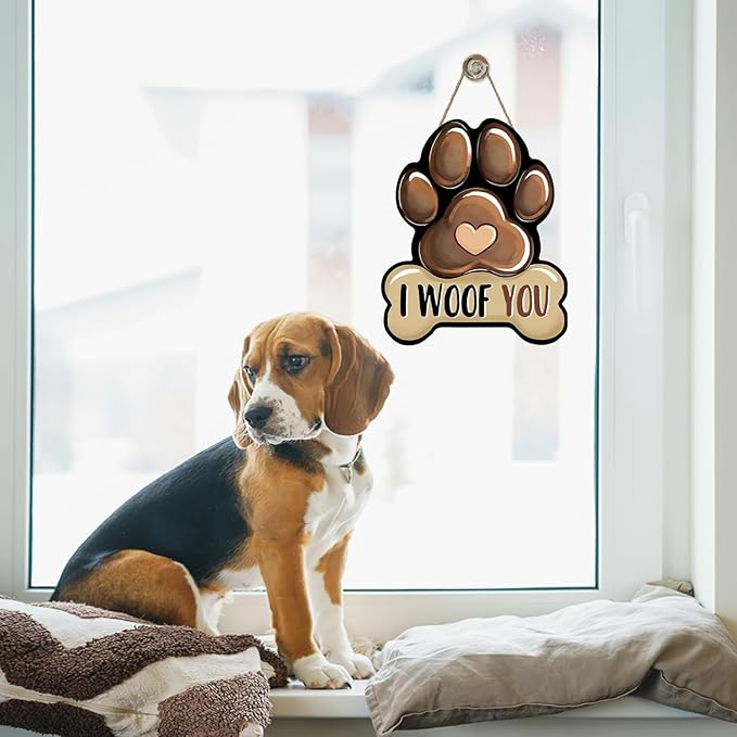 Dog Paw Prints Front Door Sign, I Woof You Bone Wood Hanger Outdoor Outside Porch Home Decor, Wooden Wreath Indoor Wall Hanging Decoration Pet Owner Lover Gift