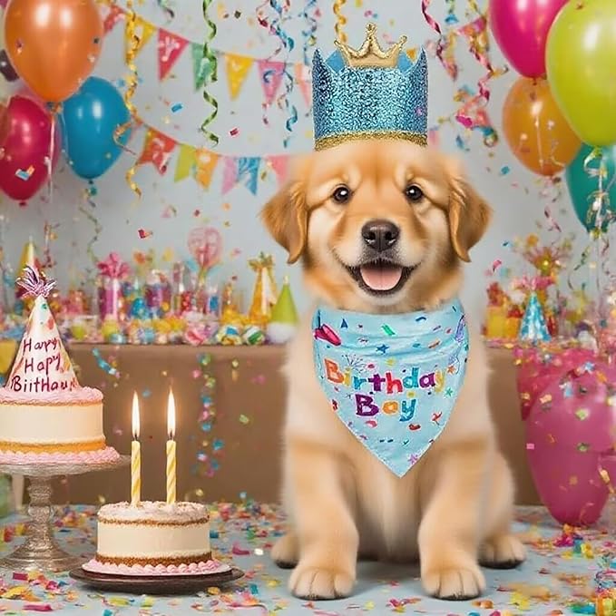 Happy Birthday Dog Party Supplies Kit - Dog Party Hat, Bandana, Bowtie & Happy Birthday Banner Decorations for Small Dogs, Puppy Birthday Outfit Accessories & Pet Birthday Party Decor (Blue 2)