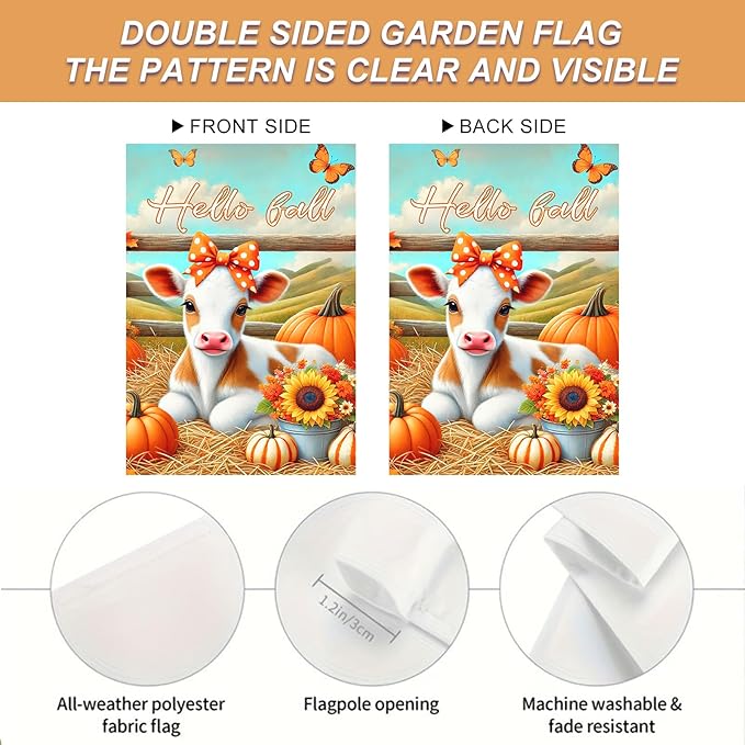 Hello Fall Garden Flag Cute Calf Cow Flag 12x18 Inch Polka Dot Bow Hay Pumpkins Sunflowers Double Sided Outdoor Banner For Front Yard Porch Lawn Patio Seasonal Home Decor Rustic Autumn