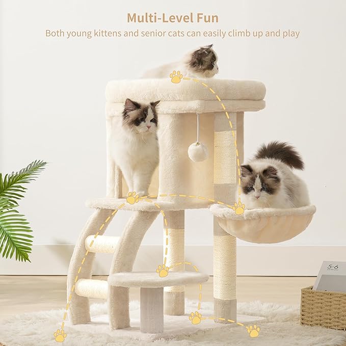 Heybly Cat Tree Tower, Cat condo for Indoor Kittens, Cat House with Wide Plush Top Perch, Ladder, Basket, Sisal-Covered Scratching Posts, Cozy Activity Center for pet, Beige HCT009SM