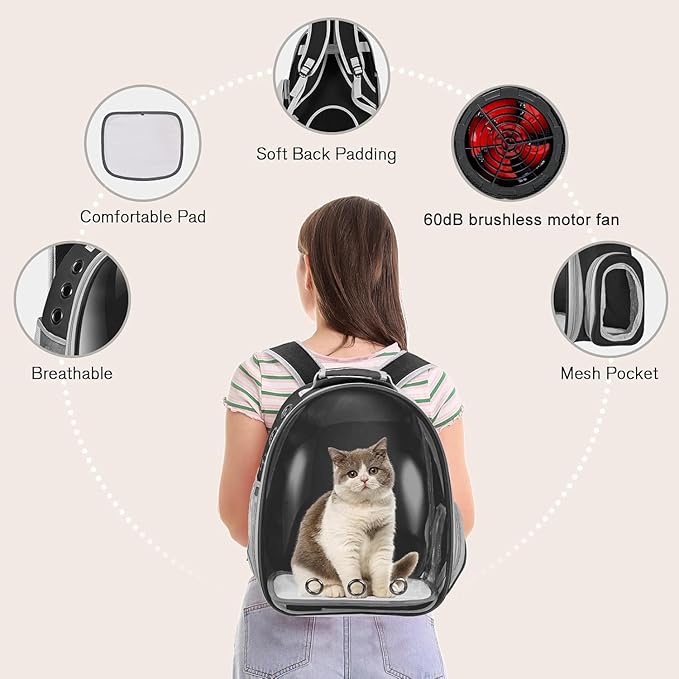 Active Cooling Pet Backpack Carrier with Side Fan,Airline Approved Transparent Bubble Backpack for Cats, Dogs, Puppies Enhanced Ventilation for Travel, Hiking, Camping (Black)
