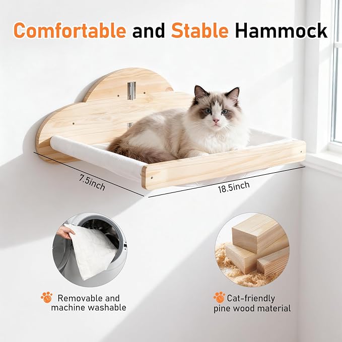 XiaZ Cat Wall Hammock Mounted Bed with 4 Climbing Steps, Modern Cats Shelves and Perches up to 30lbs, Wooden Kitten Wall Furniture for Indoor Sleeping, Playing, Climbing and Lounging (Hammock)