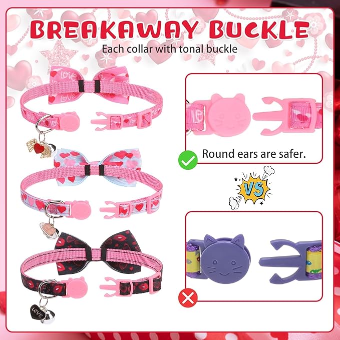 KOOLTAIL Pink Cute Cat Collars Breakaway with Bowtie and Bells, 3 Pack Girl Kitten Collars, Adjustable Safety Buckle Heart Charm Pendant Pet Collars for Kitty Boys Girls Cats Holiday
