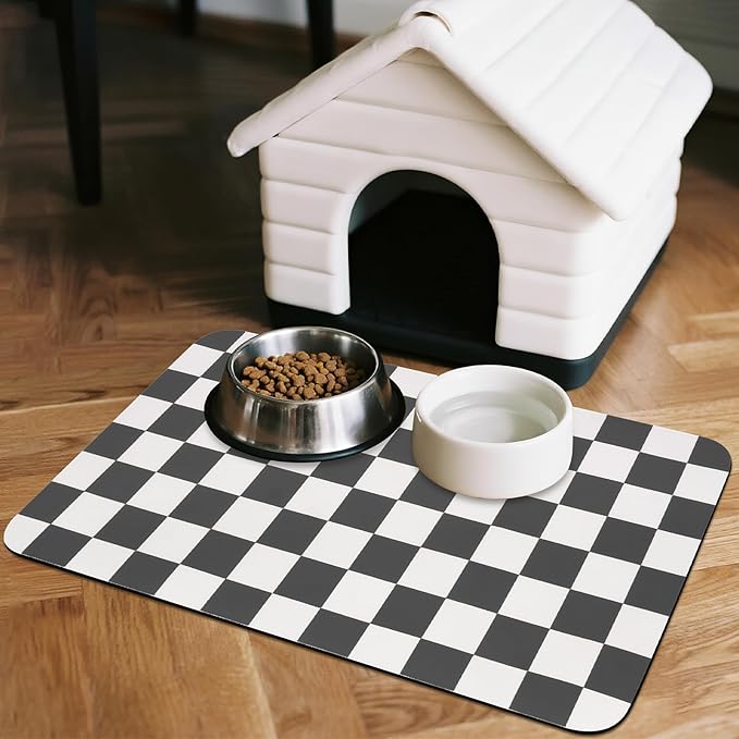 Checkered Dog Food Mat, Absorbent Leak-Proof Pet Feeding Mat, Quick Dry Cat Food Mat for Messy Drinkers 17" x 32" Black