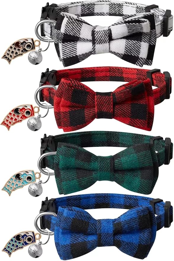 LLHK 4 Pack Small Fish Cat Collars with Bow Tie and Bell,Personalized Breakaway Kitten Collar for Girl boy Cats,Adjustable 7-12inch,Cute for Kitty Kitten Adult Cats,Pet Supplies,Stuff,Accessories