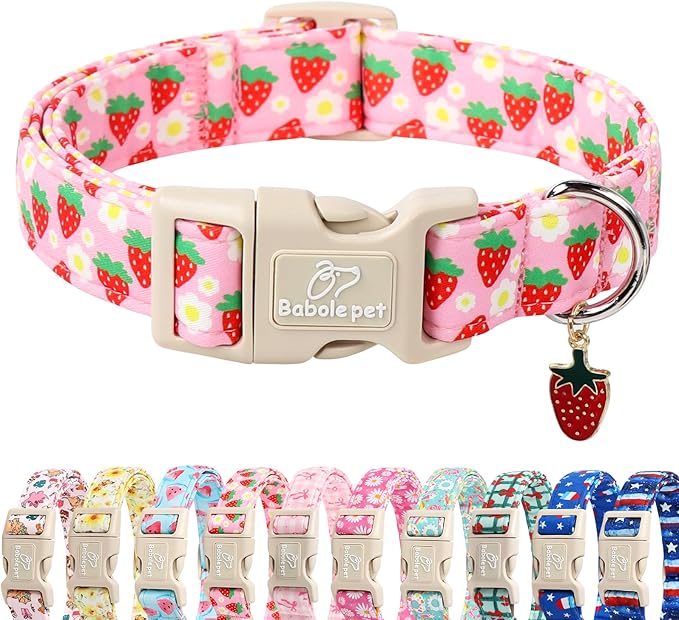 Cute Spring/Summer Dog Collar, Adjustable Pink Strawberry Dog Collars for Medium Dogs, Lightweight Quick-Release Buckle Collar for Boy&Girl Dogs M
