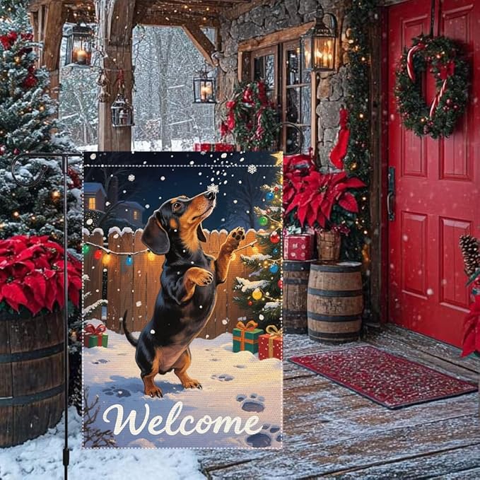 Dachshund Welcome Garden Flag 12x18 Inch Double Sided Christmas Burlap Yard Banner Winter Holiday Outdoor Decor for Dog Lovers Home Seasonal Decoration